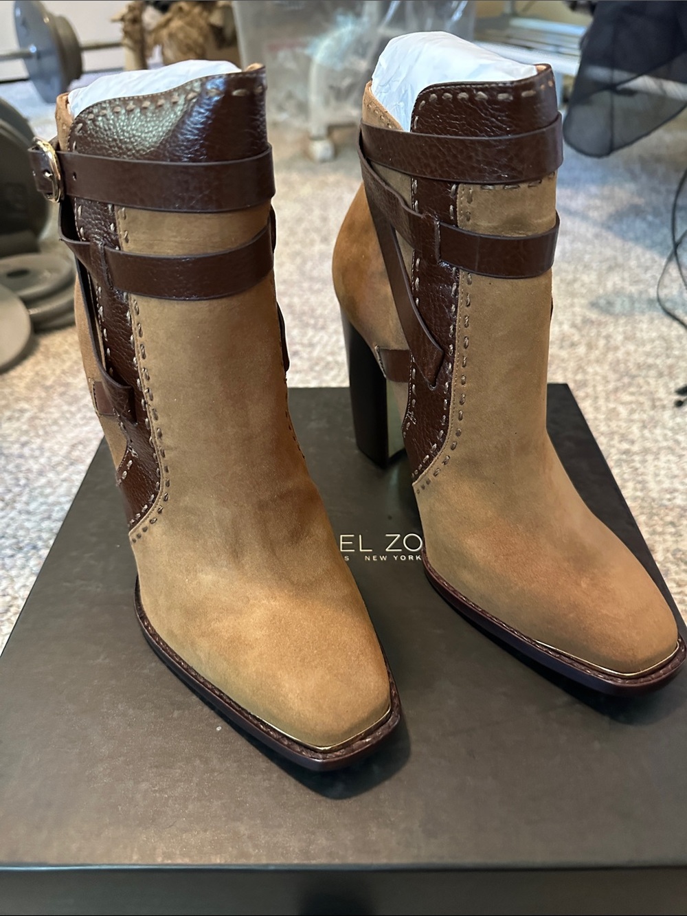 Rachel Zoe Tan Suede and Dark Brown Leather Strap Ankle Boots